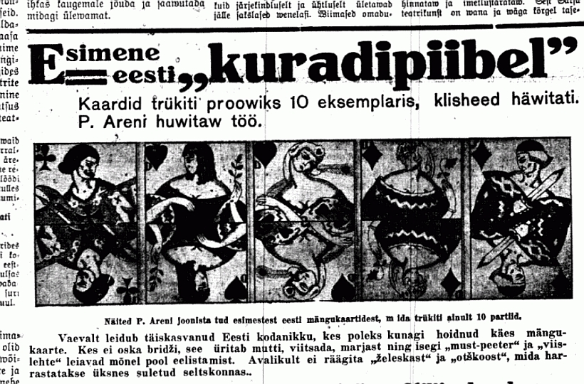 Artikkel Peet Areni mängukaartidest Rahvalehes 10. veebruaril 1936