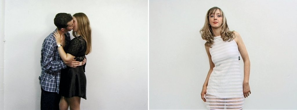 kaadrid videost, vasakul suudlevad noored, paremal valges kleidid tantsija