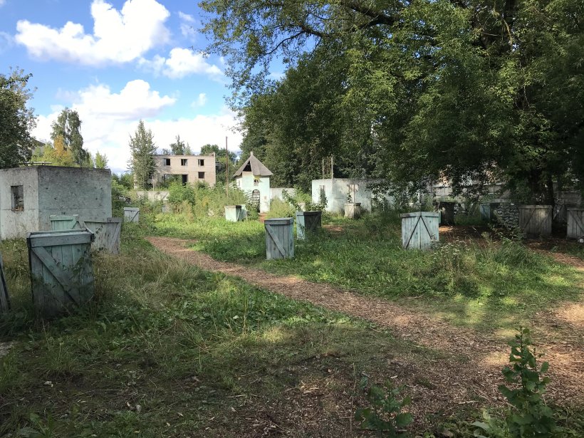 Anastasia Sosunova teos „Habitaball“ (2020) kasutas põnevalt ära rohtu kasvanud paintball’i mänguväljaku, pikkides selle kahvaturoheliste saepuruplaatidest hoonete sisse ühtaegu kauneid, veidraid, vägivaldseid ja hapraid skulptuure. Foto: Eda Tuulberg