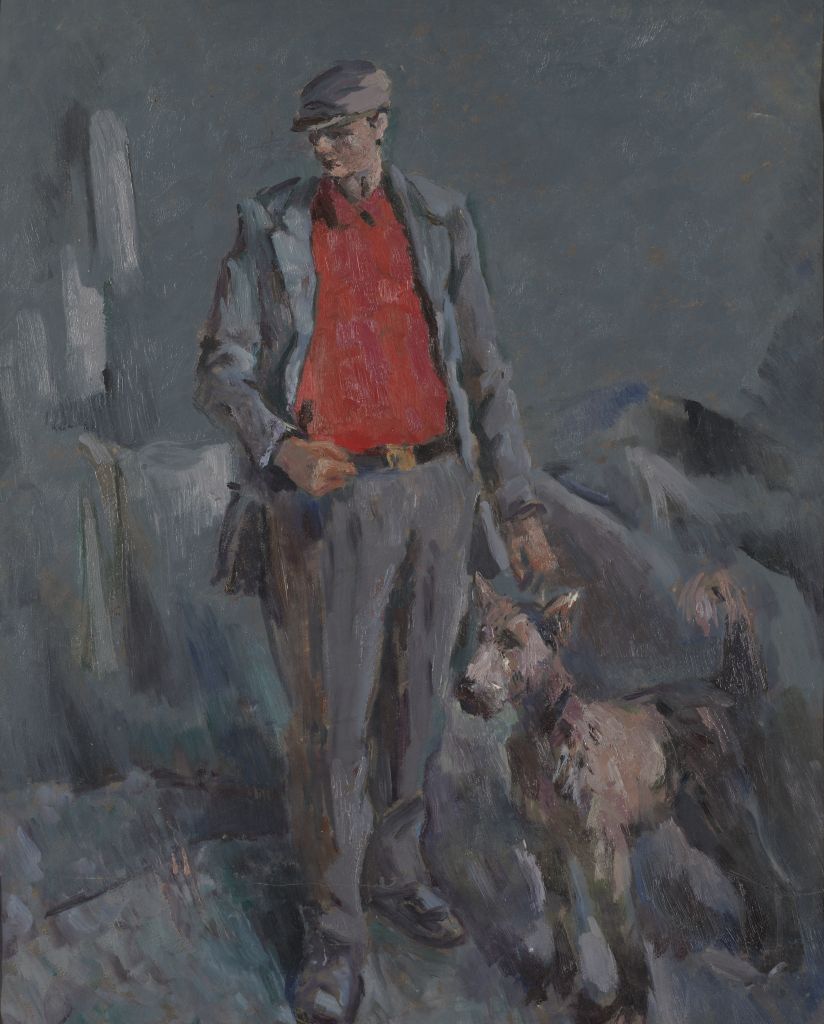 Mees koeraga. 1952. Õli, paber. Eesti Kunstimuuseum