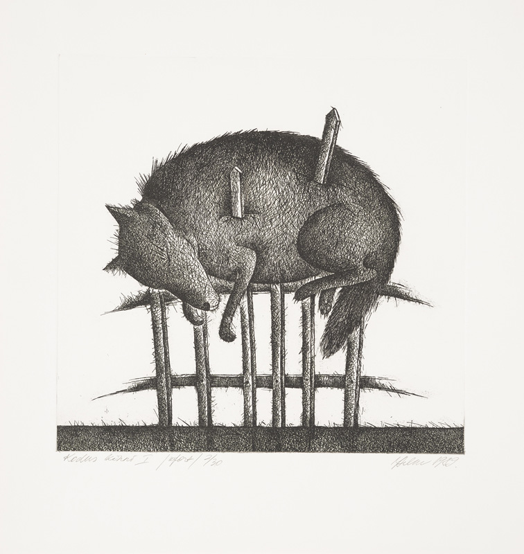 Maie Helm. Kodus kinni I. 1989. Ofort. Eesti Kunstimuuseum