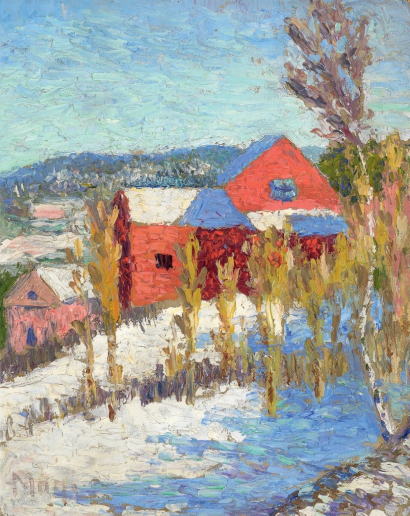 Konrad Mägi maal "Maastik majadega". Maalitud aastatel 1908–1910. Õli. Tartu Kunstimuuseum